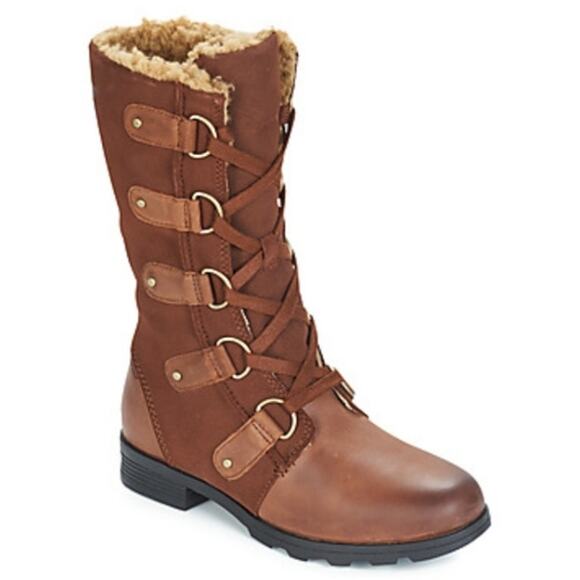 Sorel Emelie Boots Calf Lace Up Shearling Faux Fur Lace Up Leather Brown 8.5 - Picture 1 of 7